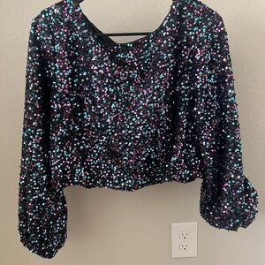 Versona Black and Pink Sequin Puff Sleeve Blouse